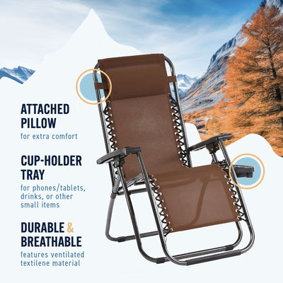Trappers Peak Adjustable Zero-Gravity Folding Chairs, Set of 2, Brown - VMInnovations