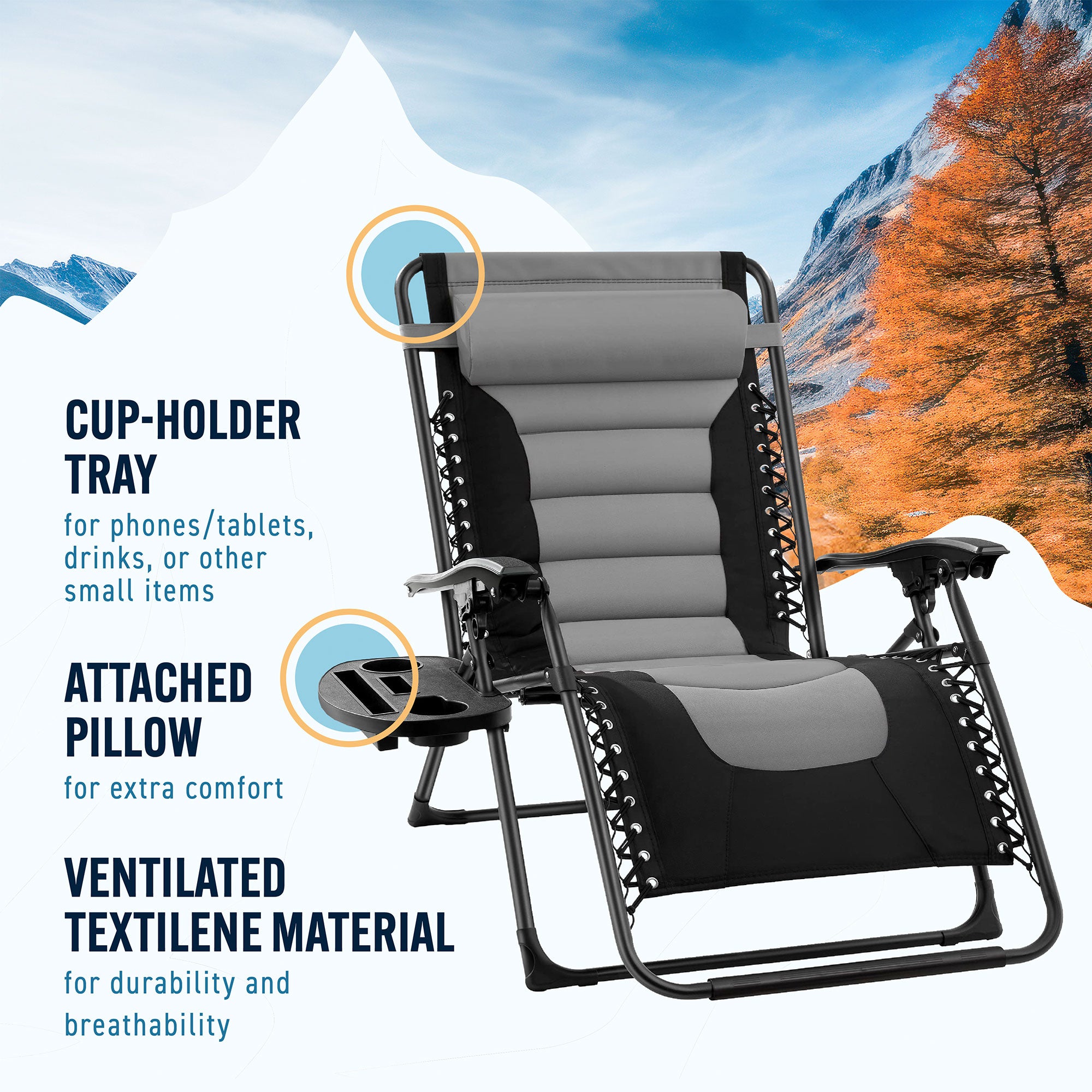 Trappers Peak Adjustable Oversized Zero-Gravity Folding Lounge Chair, Gray/Black