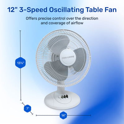 Cool Living CL-30 12-Inch 3-Speed Oscillating Table Fan, Standing Fan for Table