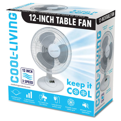 Cool Living 12 Inch Oscillating Table Fan with Adjustable Tilt and Controls