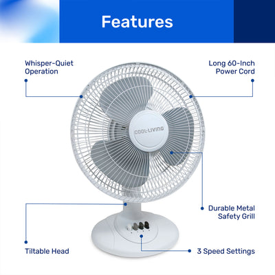 Cool Living CL-30 12-Inch 3-Speed Oscillating Table Fan, Standing Fan for Table