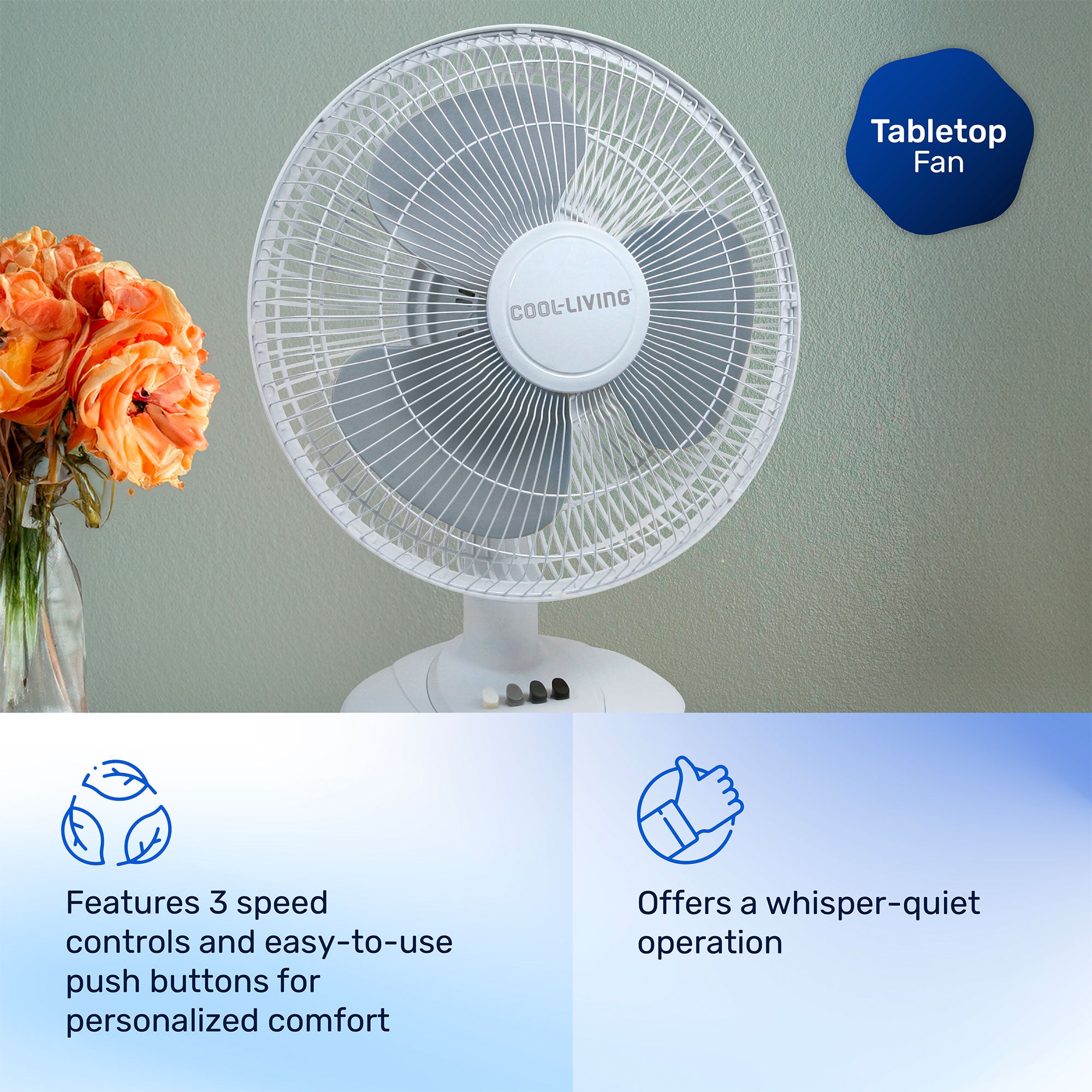 Cool Living CL-30 12-Inch 3-Speed Oscillating Table Fan, Standing Fan for Table