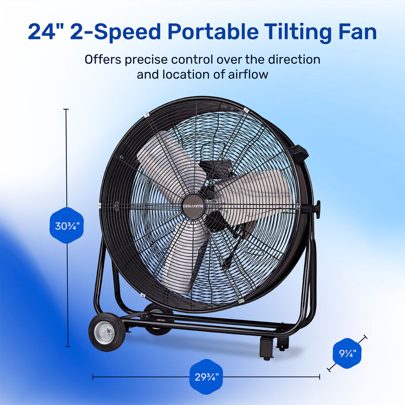 Cool-Living CL-60B-BLK Portable 24-Inch 2-Speed Tilting Drum Fan w/Wheels, Black