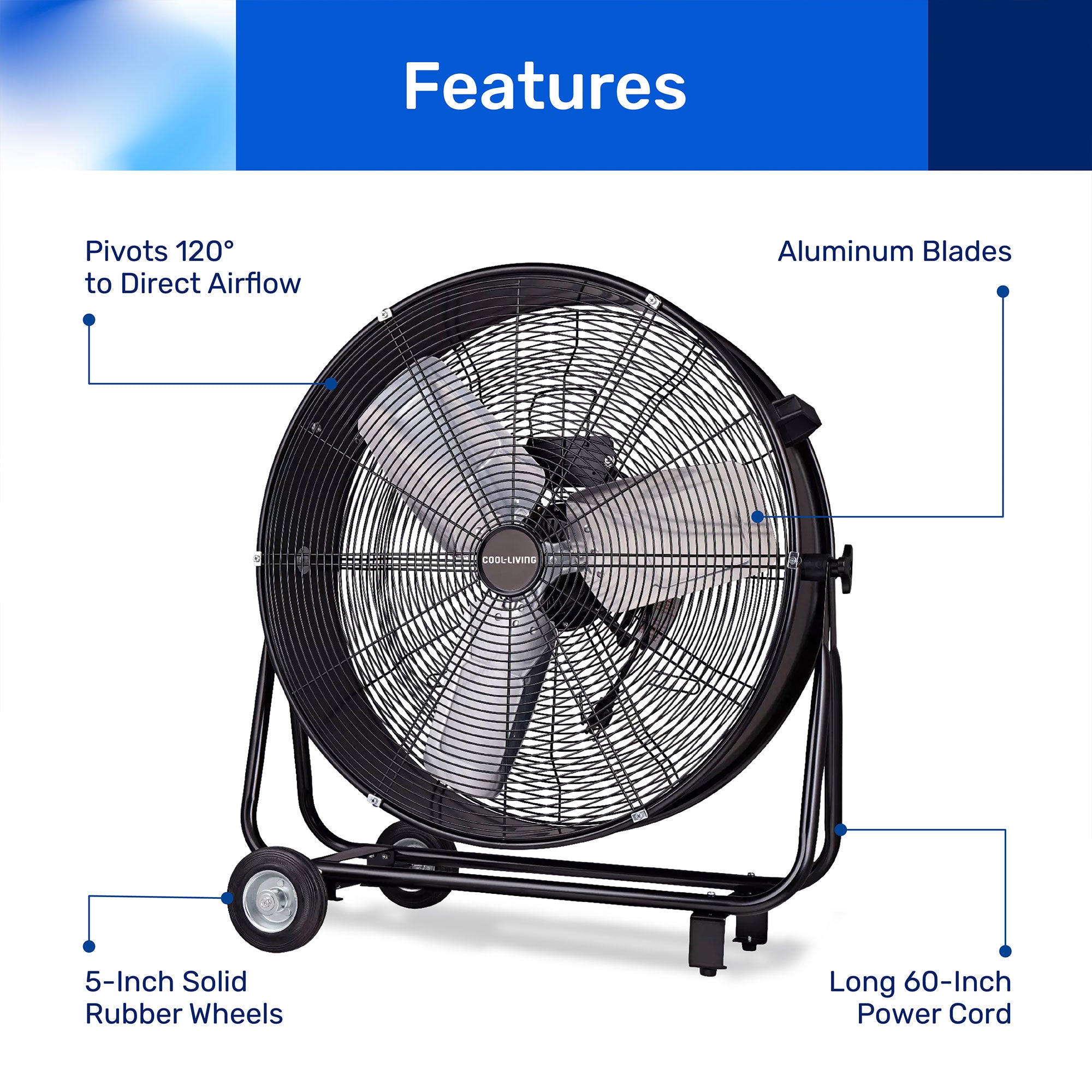 Cool-Living CL-60B-BLK Portable 24-Inch 2-Speed Tilting Drum Fan w/Wheels, Black - VMInnovations
