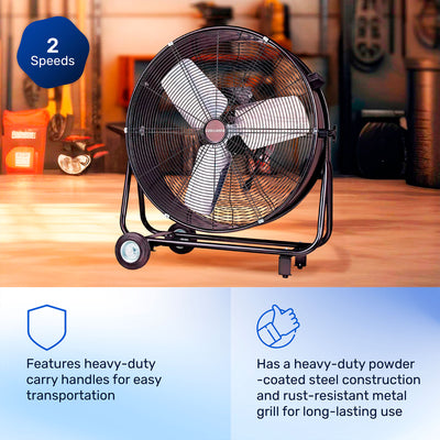 Cool-Living CL-60B-BLK Portable 24-Inch 2-Speed Tilting Drum Fan w/Wheels, Black - VMInnovations