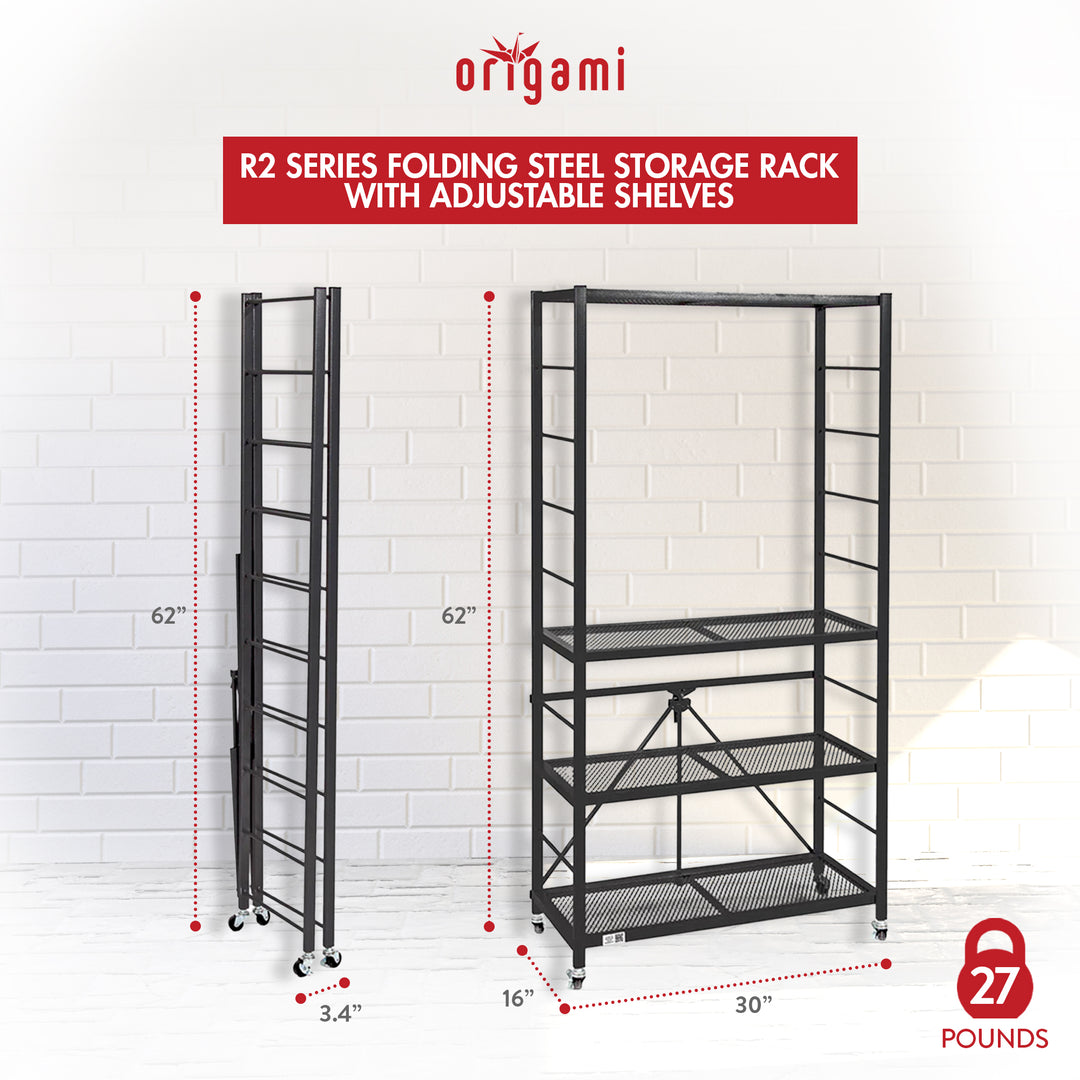 Origami 4 Pack Folding Steel Storage Rack, Adjustable Shelves, R2 Series, Black - VMInnovations