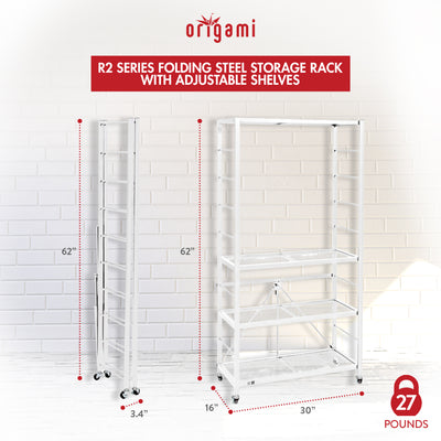 Origami R2 Series Folding Steel Storage Rack with Adjustable Shelves, White - VMInnovations