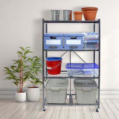 Origami R5 Foldable 4 Tier Storage Rack w/ Wheels, Pewter, (Open Box) - VMInnovations