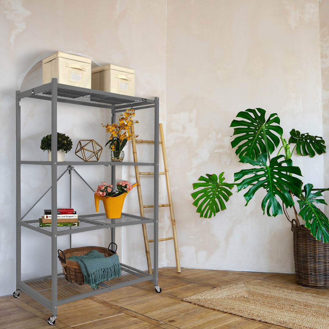 Origami R5 Foldable 4 Tier Storage Rack w/ Wheels, Pewter, Certified Refurbished