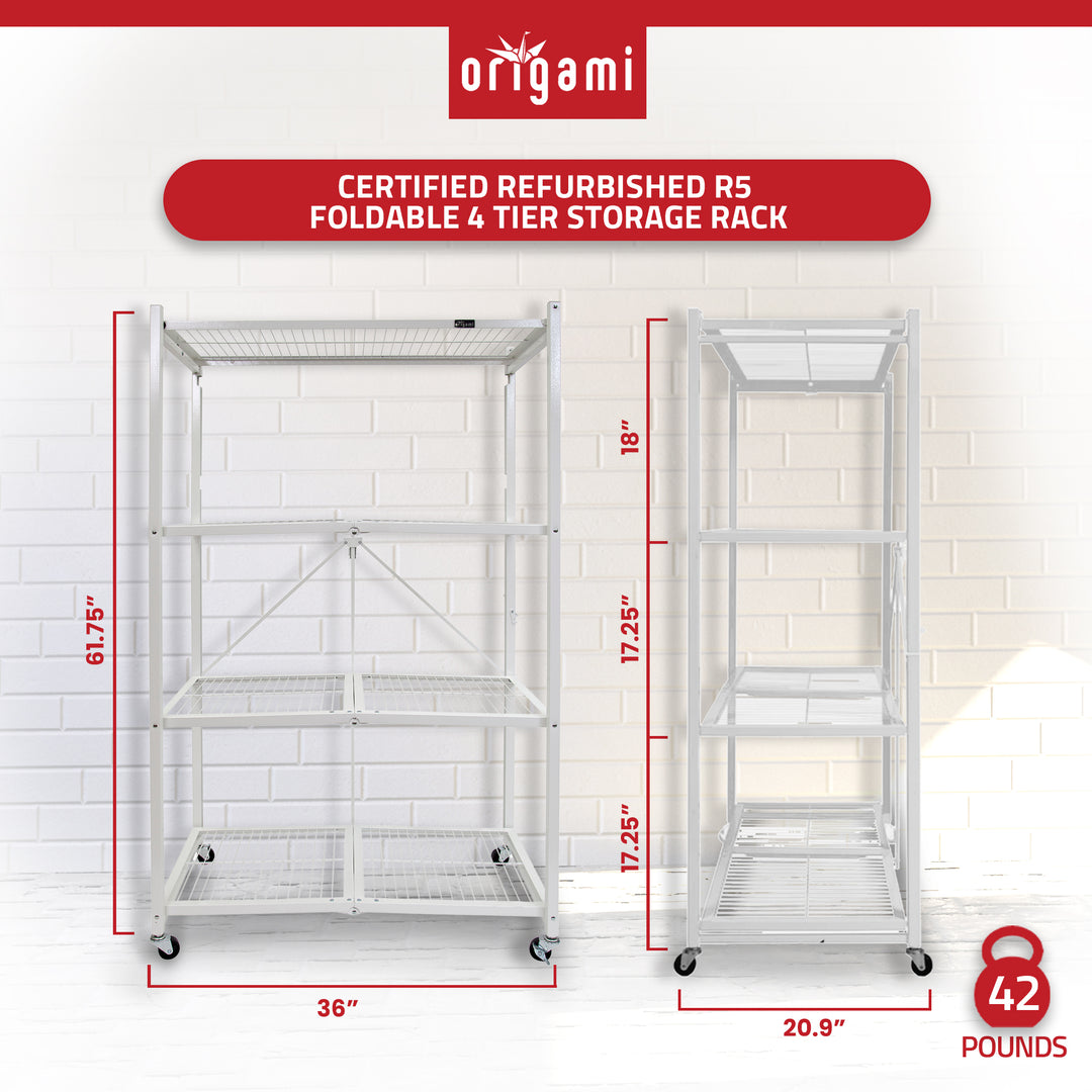 Origami R5 Foldable 4 Tier Storage Rack w/ Wheels, White, (Open Box) - VMInnovations