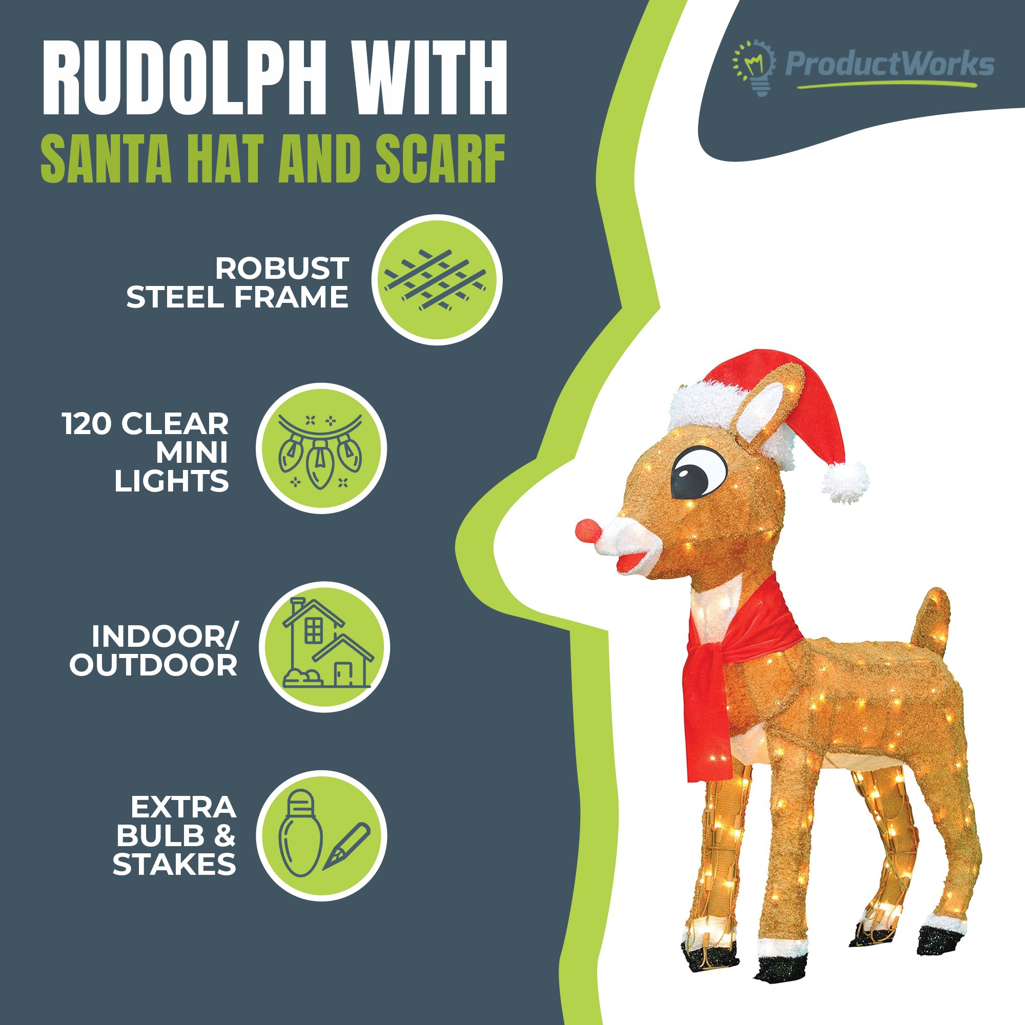 ProductWorks 32" Rudolph with Santa Hat and Scarf Pre-Lit Christmas Yard Decor - VMInnovations