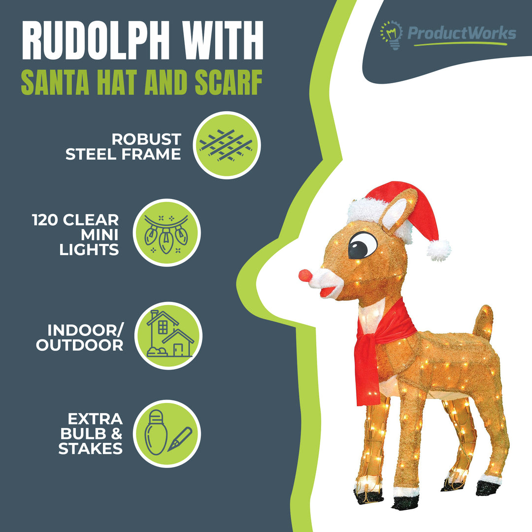 ProductWorks 32" Rudolph with Santa Hat and Scarf Pre-Lit Christmas Yard Decor - VMInnovations