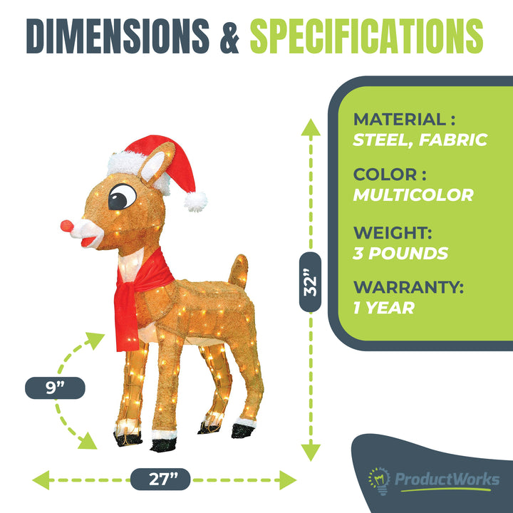 ProductWorks 32" Rudolph with Santa Hat and Scarf Pre-Lit Christmas Yard Decor - VMInnovations