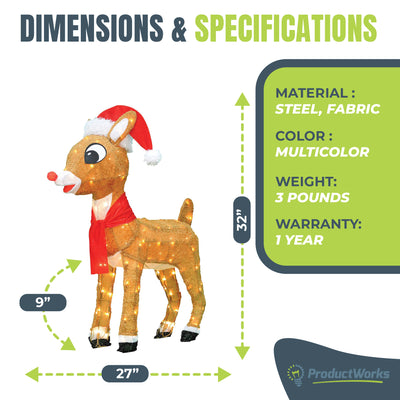 ProductWorks 32" Rudolph with Santa Hat and Scarf Pre-Lit Christmas Yard Decor - VMInnovations