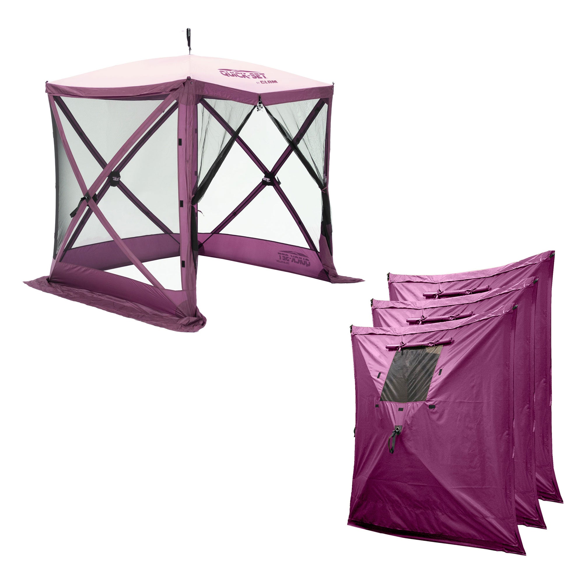 CLAM Quick Set Traveler 4 Sided Canopy+ CLAM Quick Set Screen, Plum (3 Pack) - VMInnovations