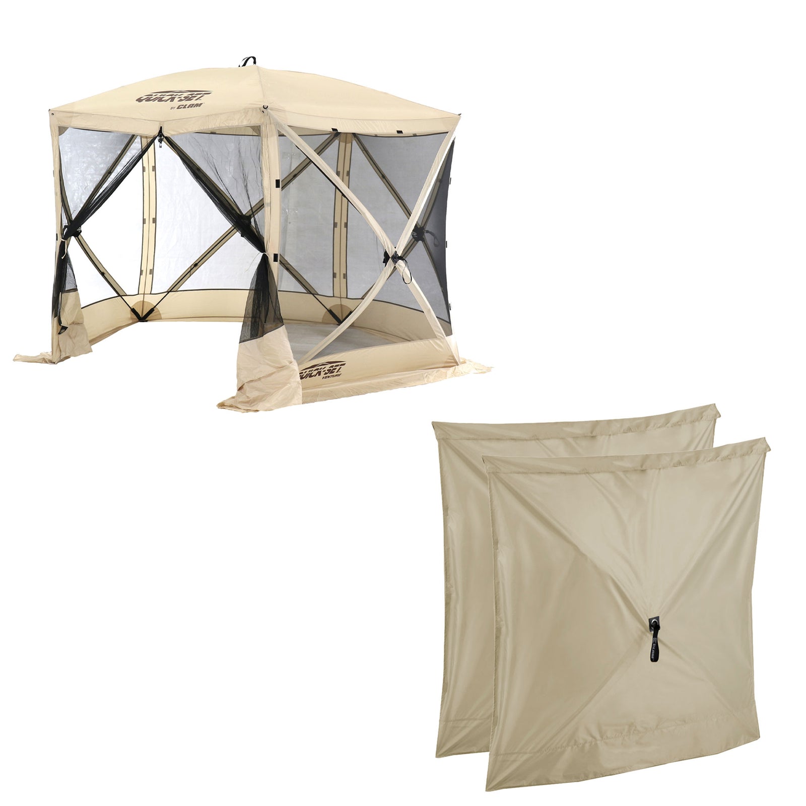 CLAM Quick Set Venture Canopy with Clam Quick Set Screen Hub Tent, Tan (2 Pack) - VMInnovations
