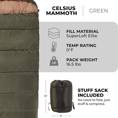 TETON Sports 0 Degree Warm Sleeping Bags for Camping & Base Camp, Green (Used) - VMInnovations
