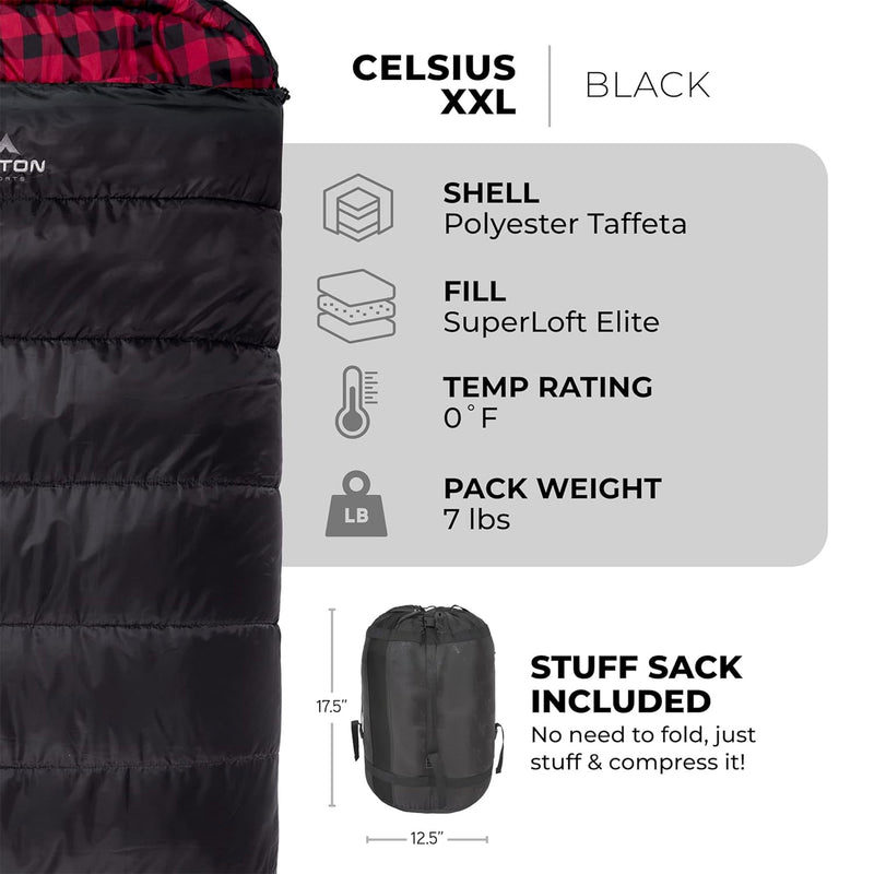 TETON Celsius XXL 0 Degree Right Zipper Sleeping Bag for Camping,Black(Open Box)