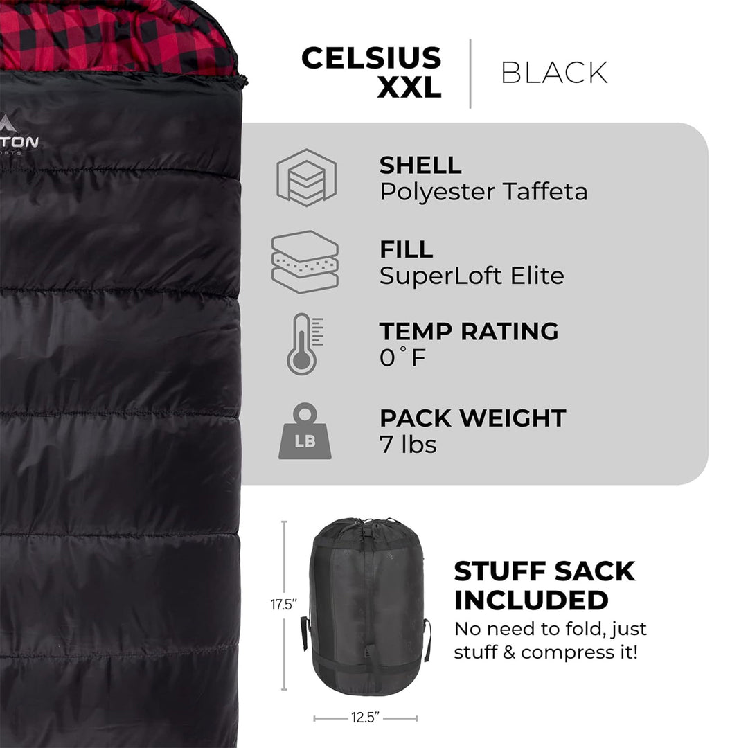 TETON Celsius XXL 0 Degree Right Zipper Sleeping Bag for Camping,Black(Open Box)