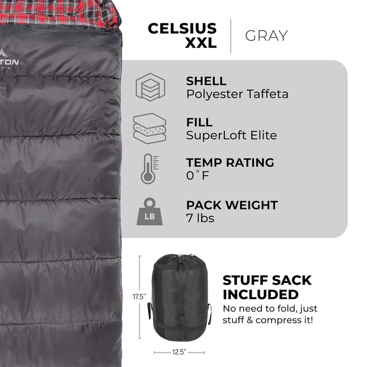 TETON Sports Celsius XXL 0 Degree Left Zipper Sleeping Bag for Camping, Gray