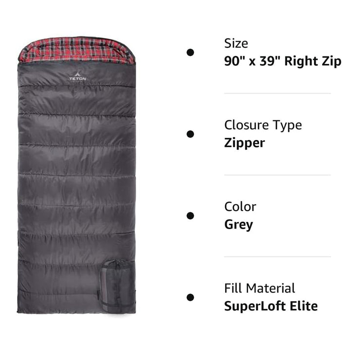 TETON Sports XXL 0 Degree Right Zipper Sleeping Bag for Camping, Gray (Open Box)