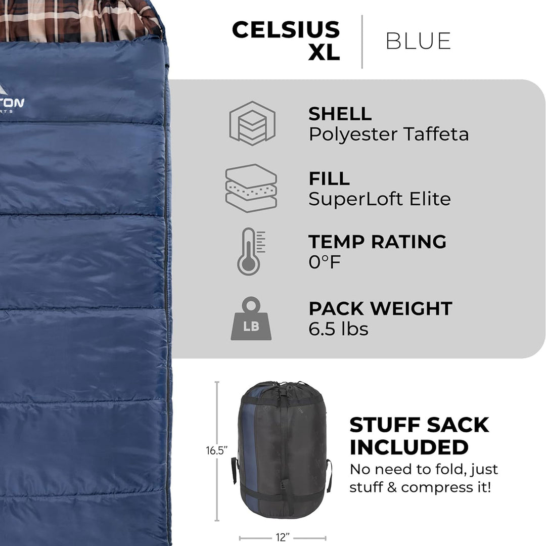 TETON Sports XL -25 Degree Right Zipper Sleeping Bag for Camping, Blue(Open Box)