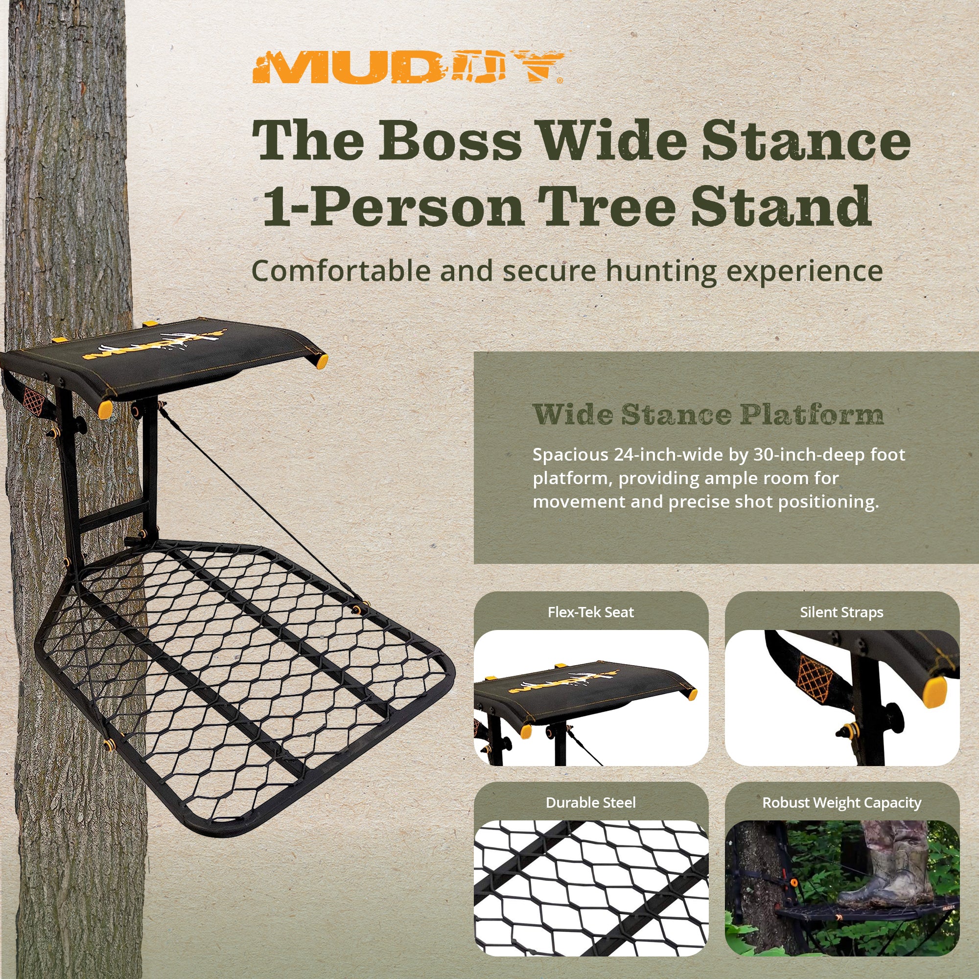 Muddy The Boss Hang On 1 Person Deer Hunting Tree Stand w/ Wide Stance Platform - VMInnovations