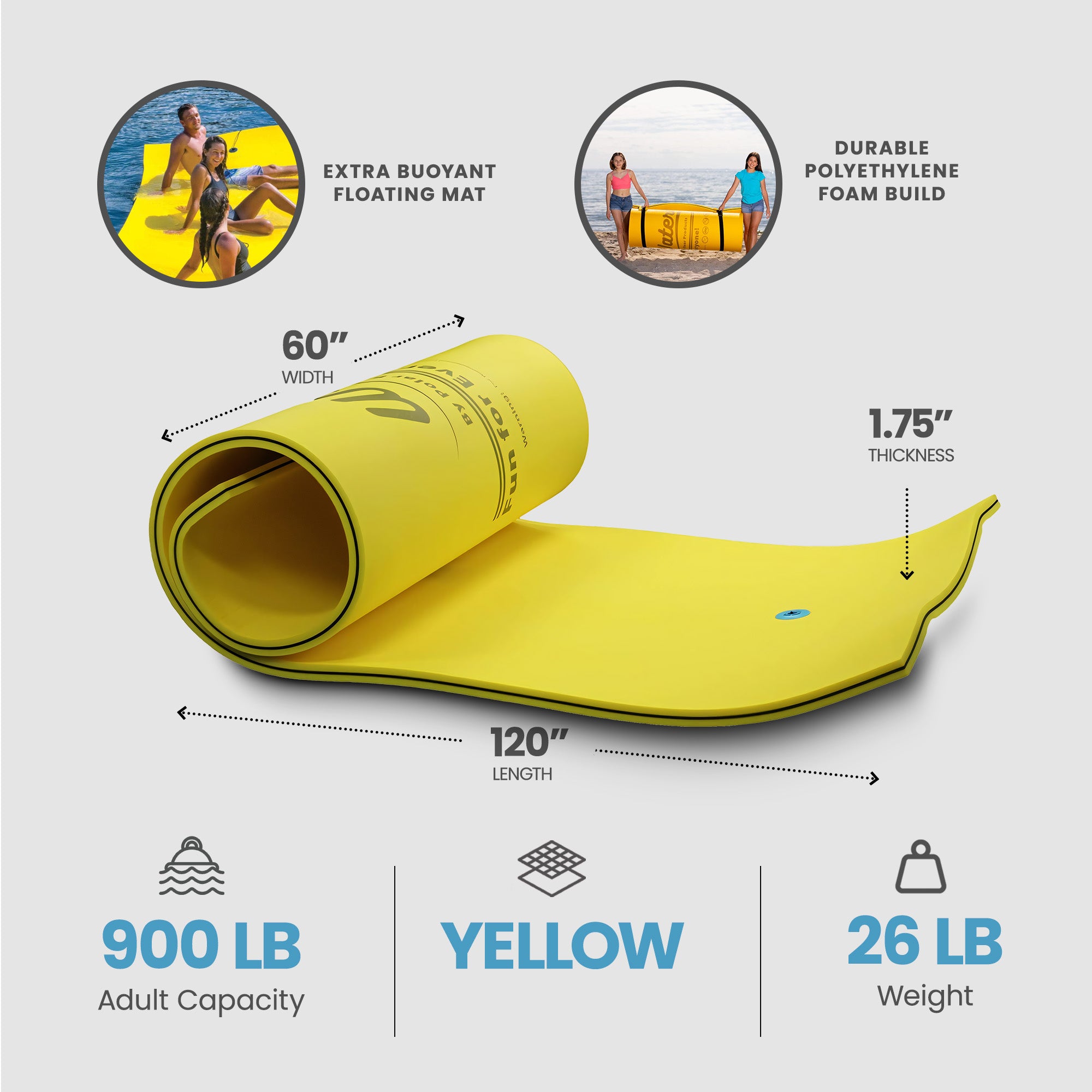 WateRaft 10 x 5 Feet Floating Water Mat, 3 Layer Foam Pad Float Raft, Yellow - VMInnovations
