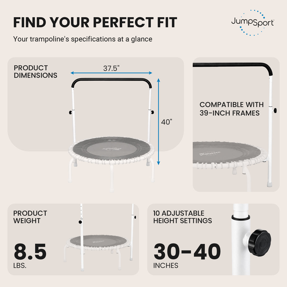 JumpSport 39" Handle Bar for Fitness Arched Leg Trampolines, White (Used)