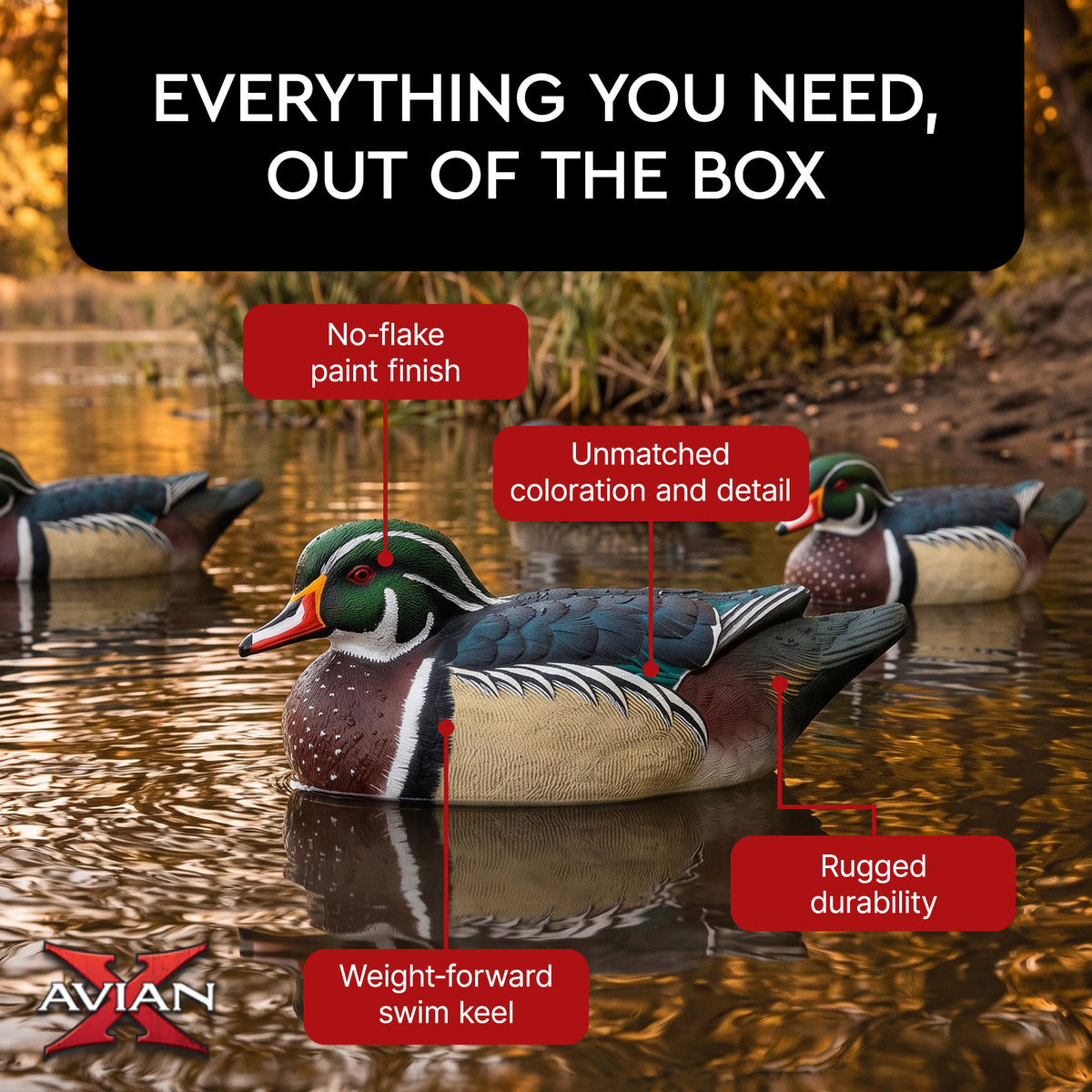 Avian X Topflight Wood Ducks, Realistic Floating Decoys, 6 Pack, Multicolor
