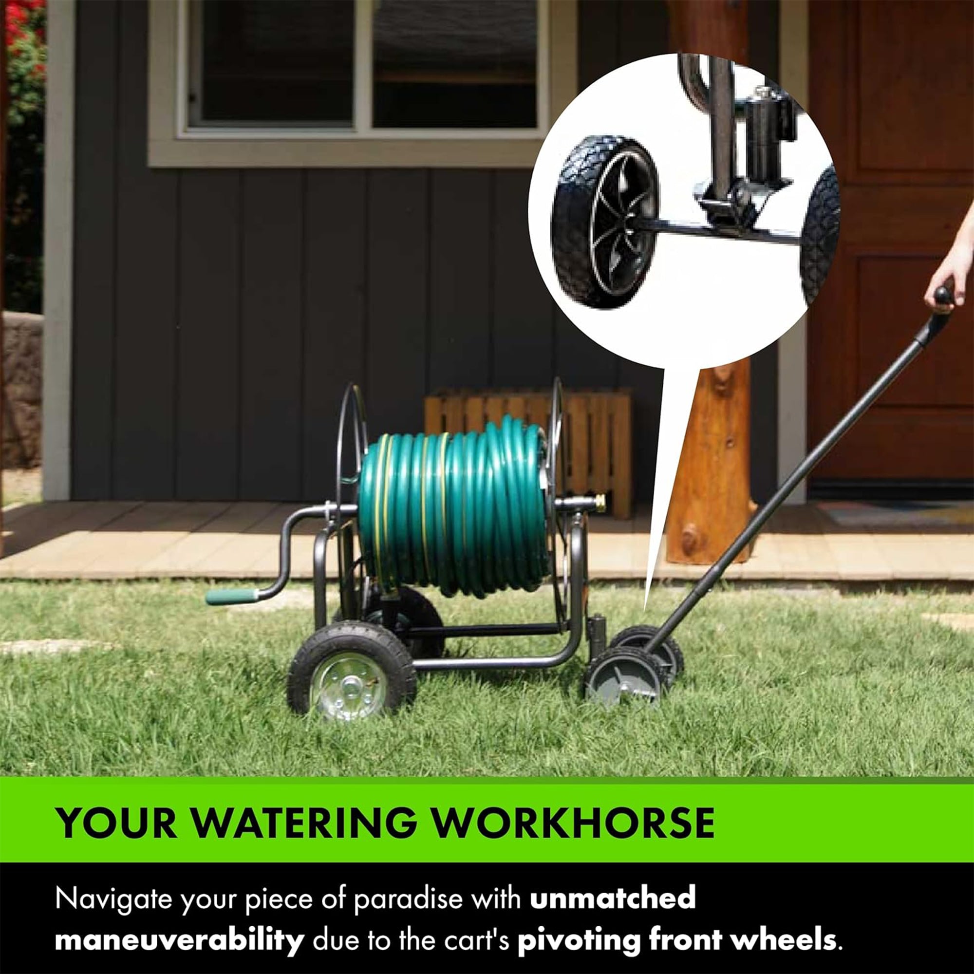 Yard Butler 4 Wheel Heavy Duty Steel Hose Truck Holds 400 Feet of Hose, Black - VMInnovations