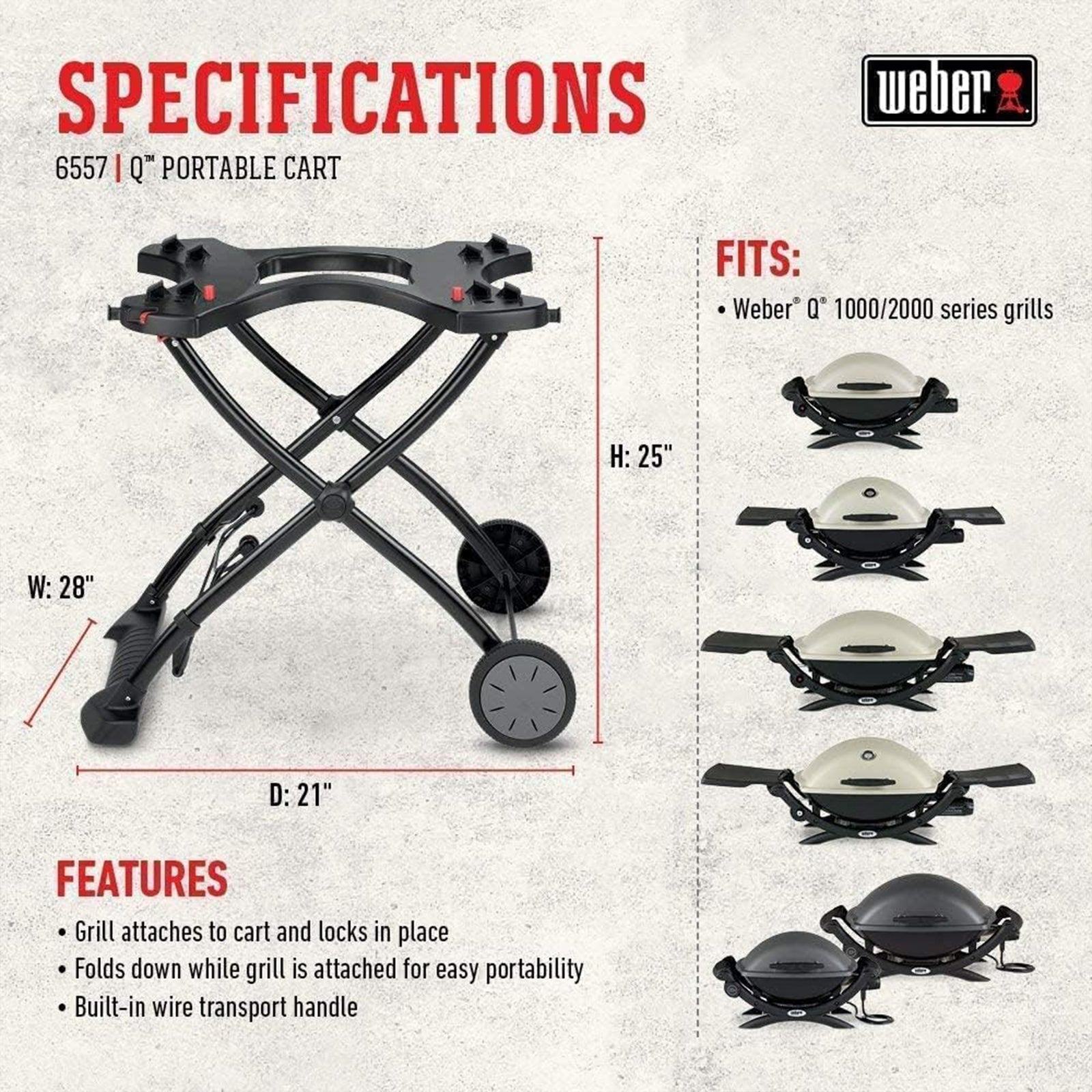 Weber Q Foldable Cart for Q1000 & 2000 Series Grills w/ Transport Handle, Black - VMInnovations