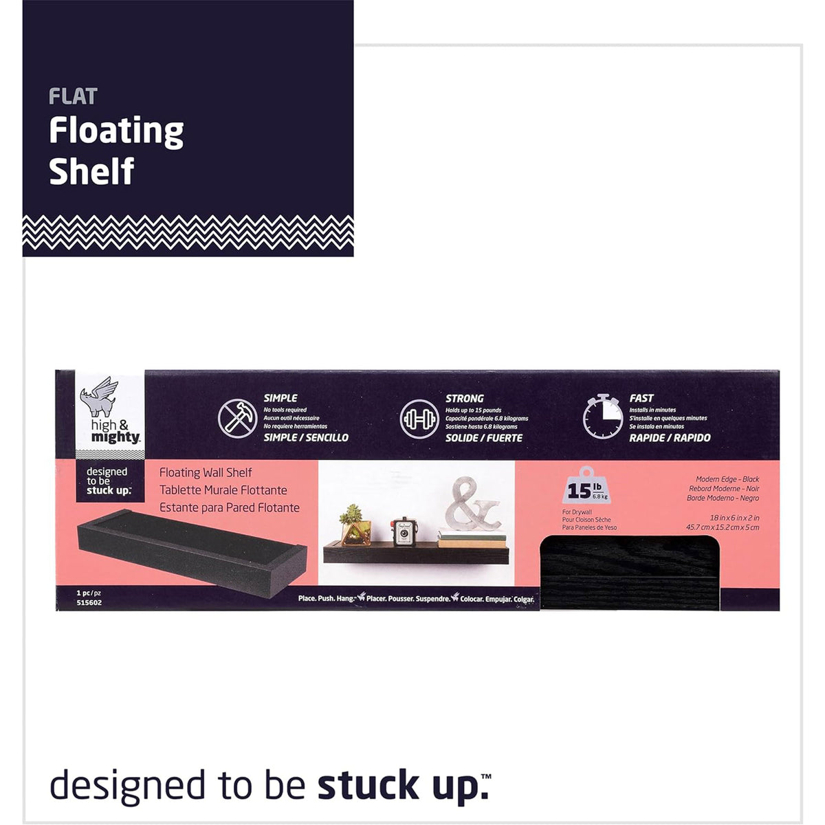 High & Mighty 18 Inch Modern Floating Shelf Holds Up To 15 lbs (2 Pk) (Open Box)
