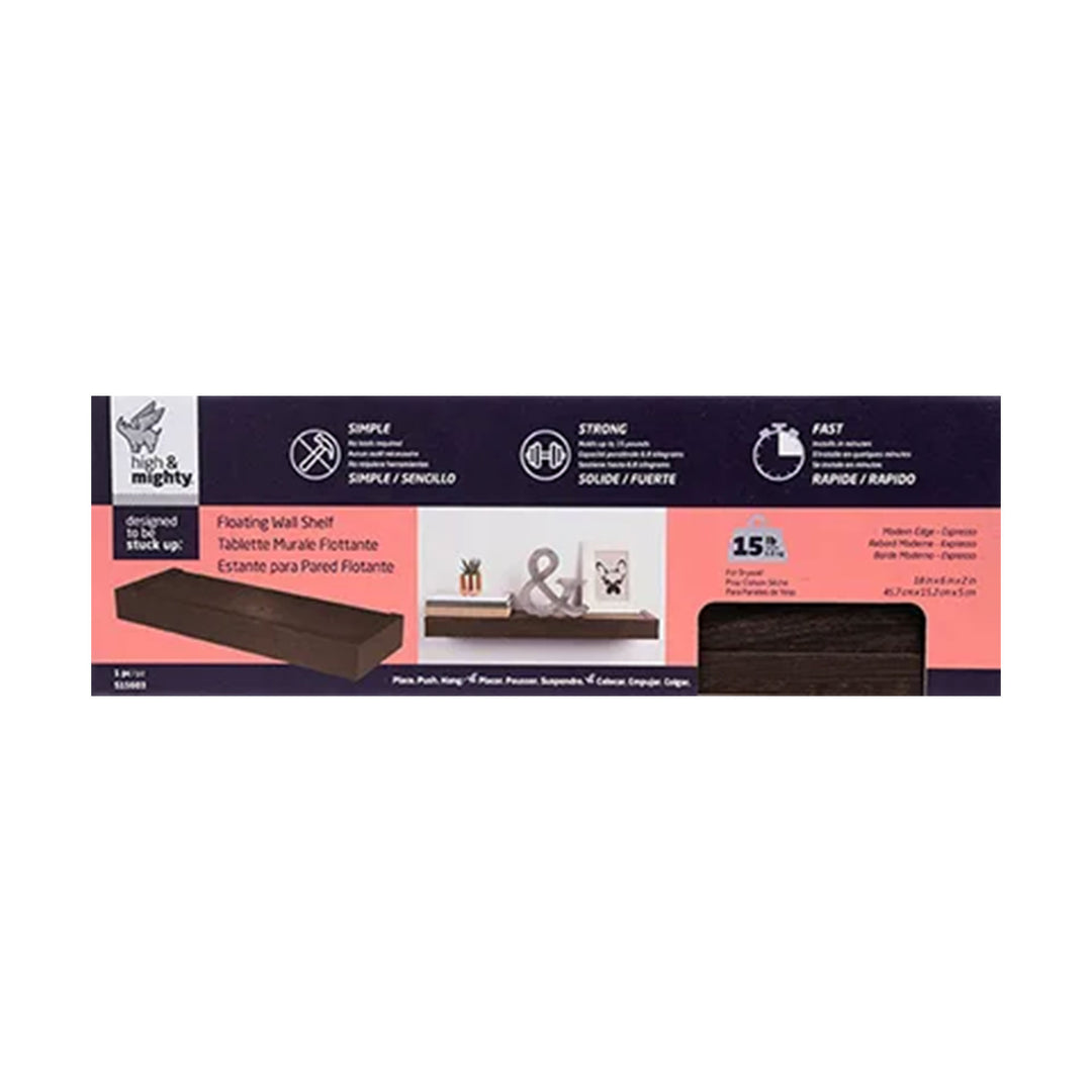 High & Mighty 18 Inch Modern Floating Shelf Holds Up To 15 Pounds, Espresso