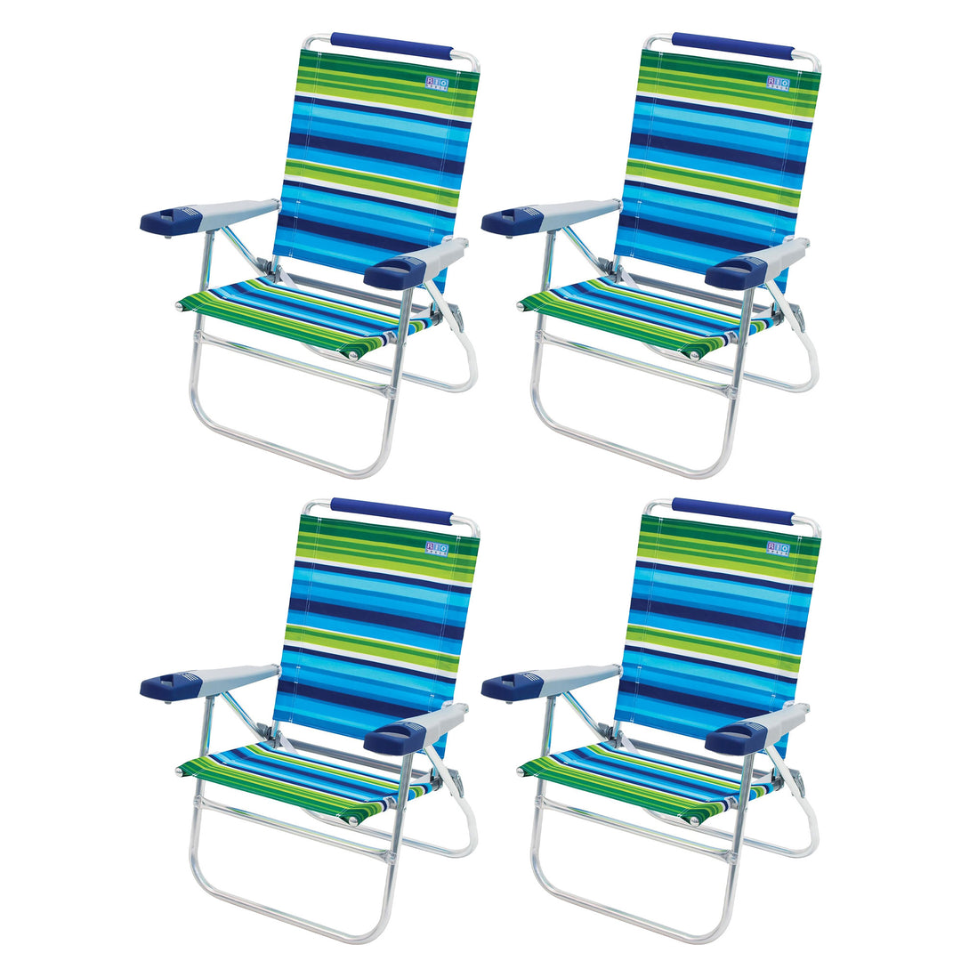 RIO Brands 15 Inch Cushioned Beach Chair w/Aluminum Frame, Blue/Green (4 Pack)