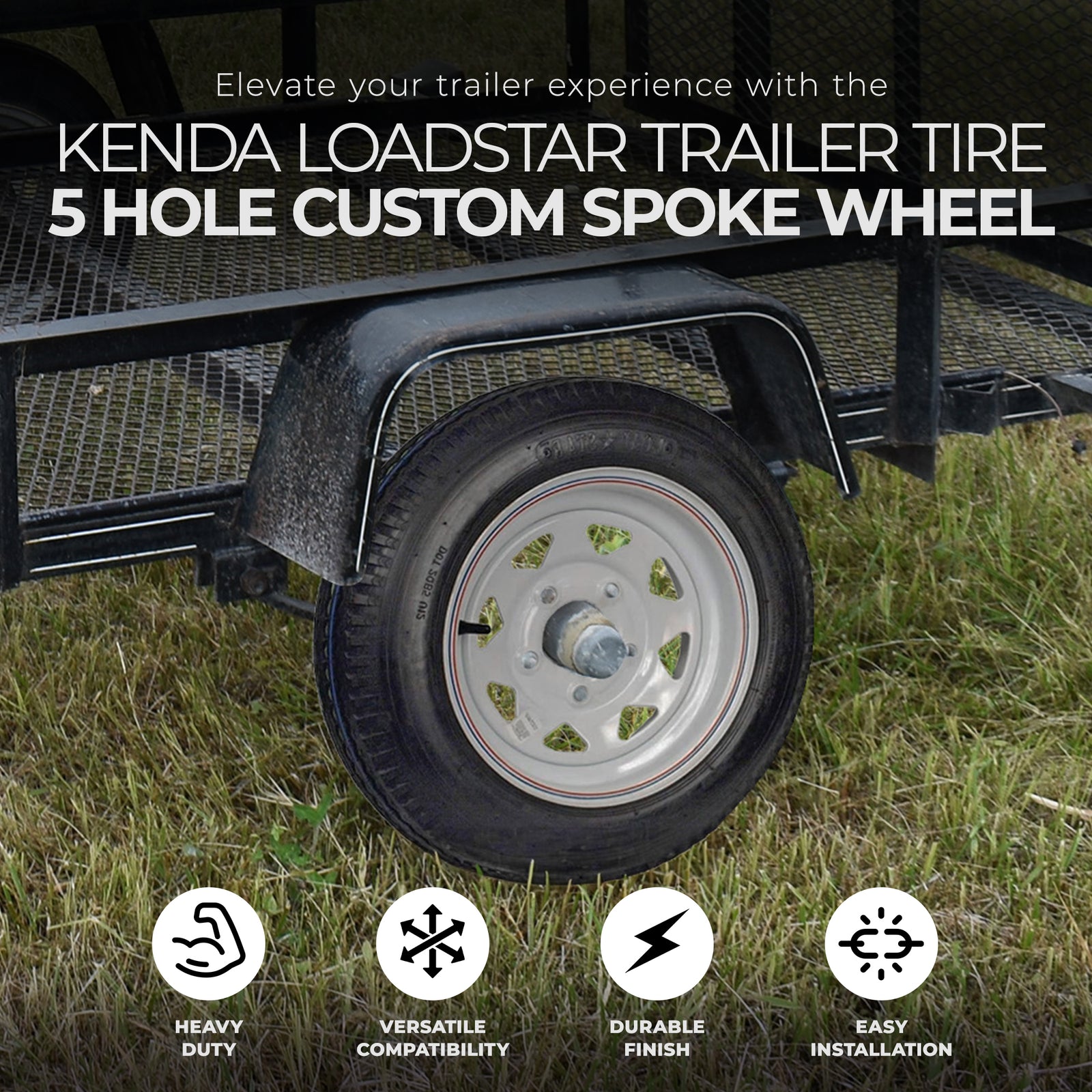 Kenda Trailer Tire and 5 Hole 990 Pound Max Load Custom Spoke Wheel (Open Box) - VMInnovations