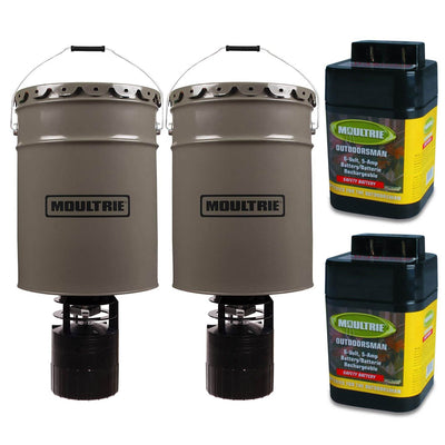 (2) Moultrie 6.5 Gallon Pro-Hunter Bucket Style Hanging Feeders + 6V Batteries