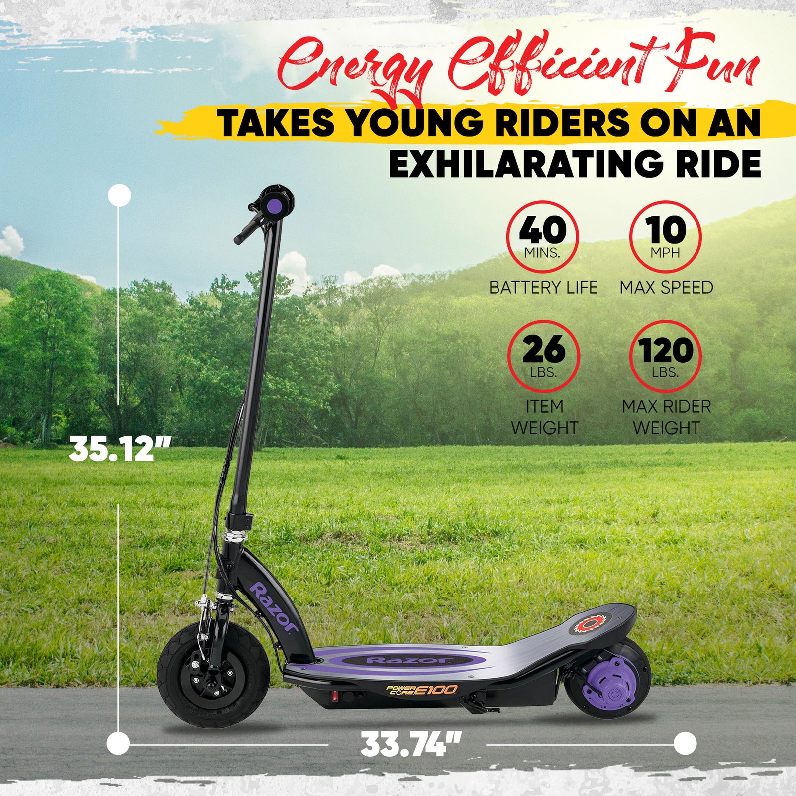 Razor Power Core E100 Electric Scooter with Aluminum Deck and Hand Brake, Purple - VMInnovations