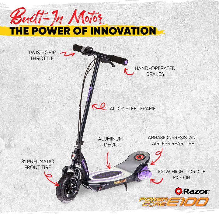 Razor Power Core E100 Electric Scooter with Aluminum Deck and Hand Brake, Purple