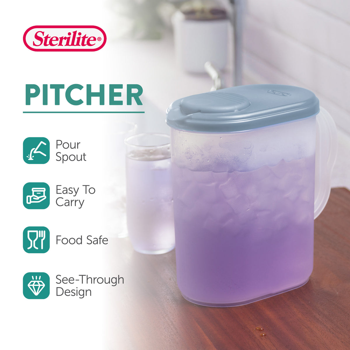 Sterilite Plastic Lidded Pitcher with Clear Base & Handle, Washed Blue, 24-Pack - VMInnovations