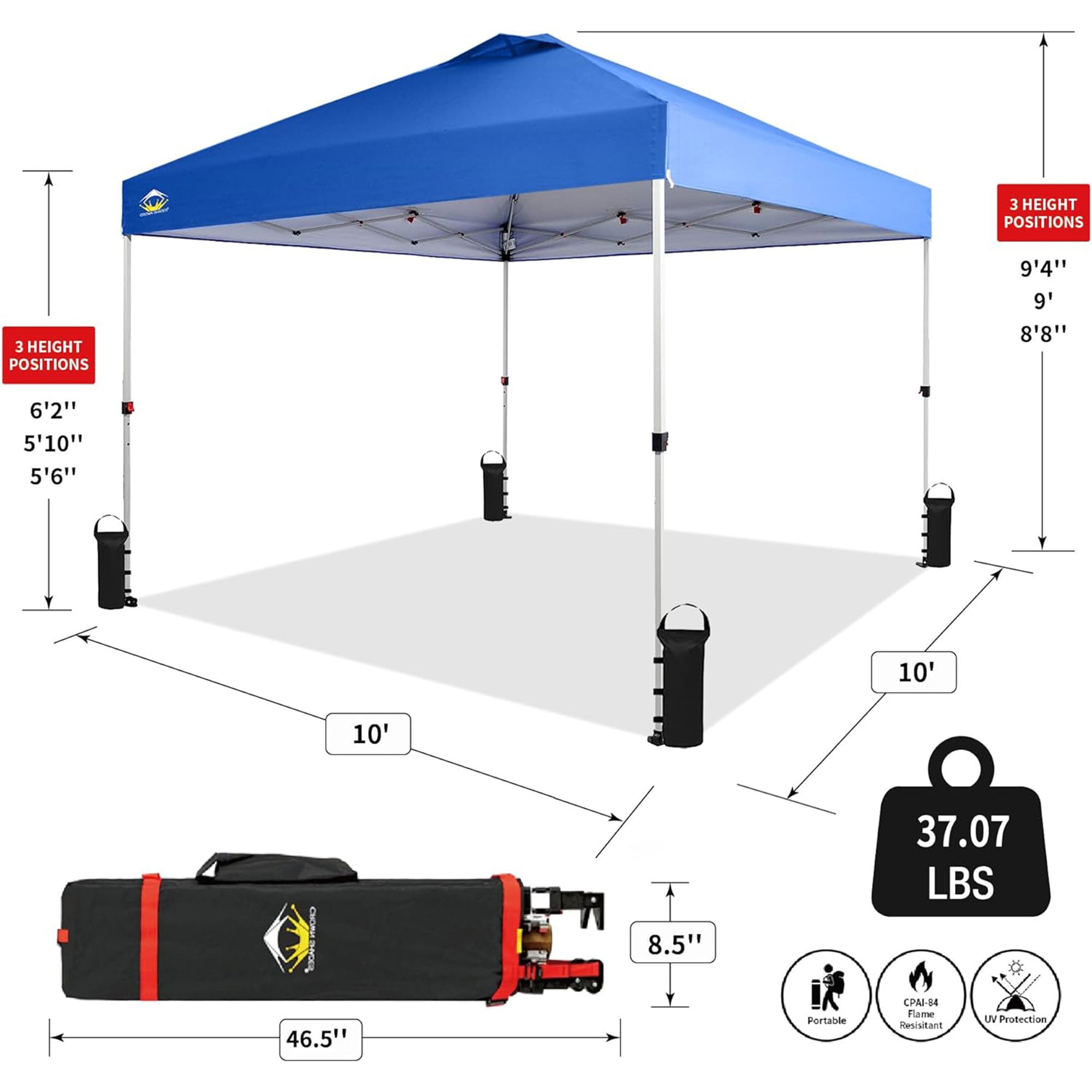 CROWN SHADES 10x10 Ft Pop Up Outdoor Canopy Tent with 1 Push Center Lock, Blue