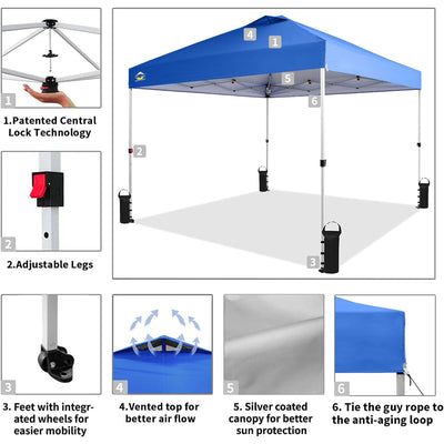 CROWN SHADES 10x10 Ft Pop Up Outdoor Canopy Tent with 1 Push Center Lock, Blue