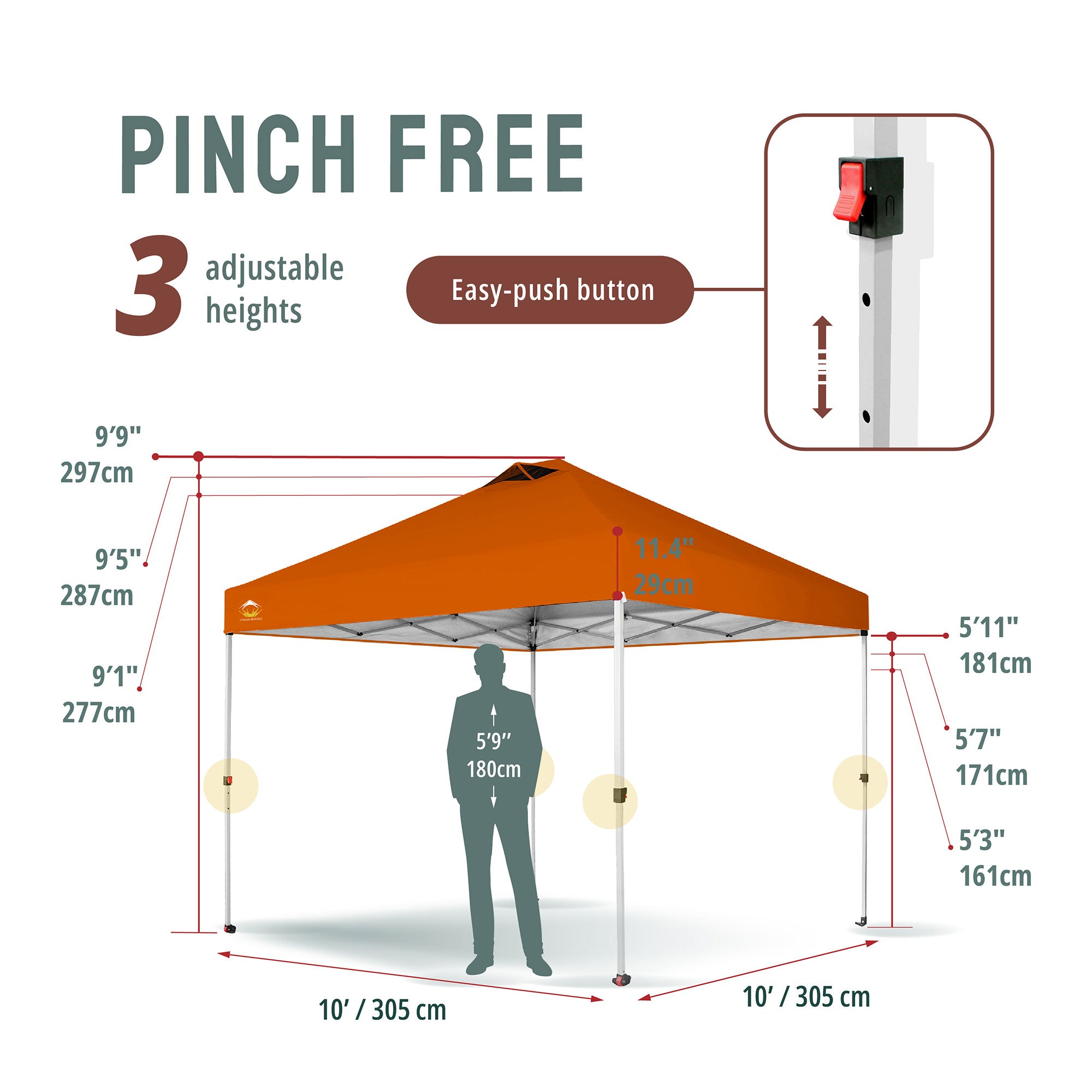 CROWN SHADES 10x10 Ft Pop Up Outdoor Canopy Tent with 1 Push Center Lock, Orange