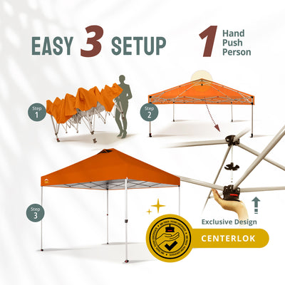 CROWN SHADES 10x10 Ft Pop Up Outdoor Canopy Tent with 1 Push Center Lock, Orange