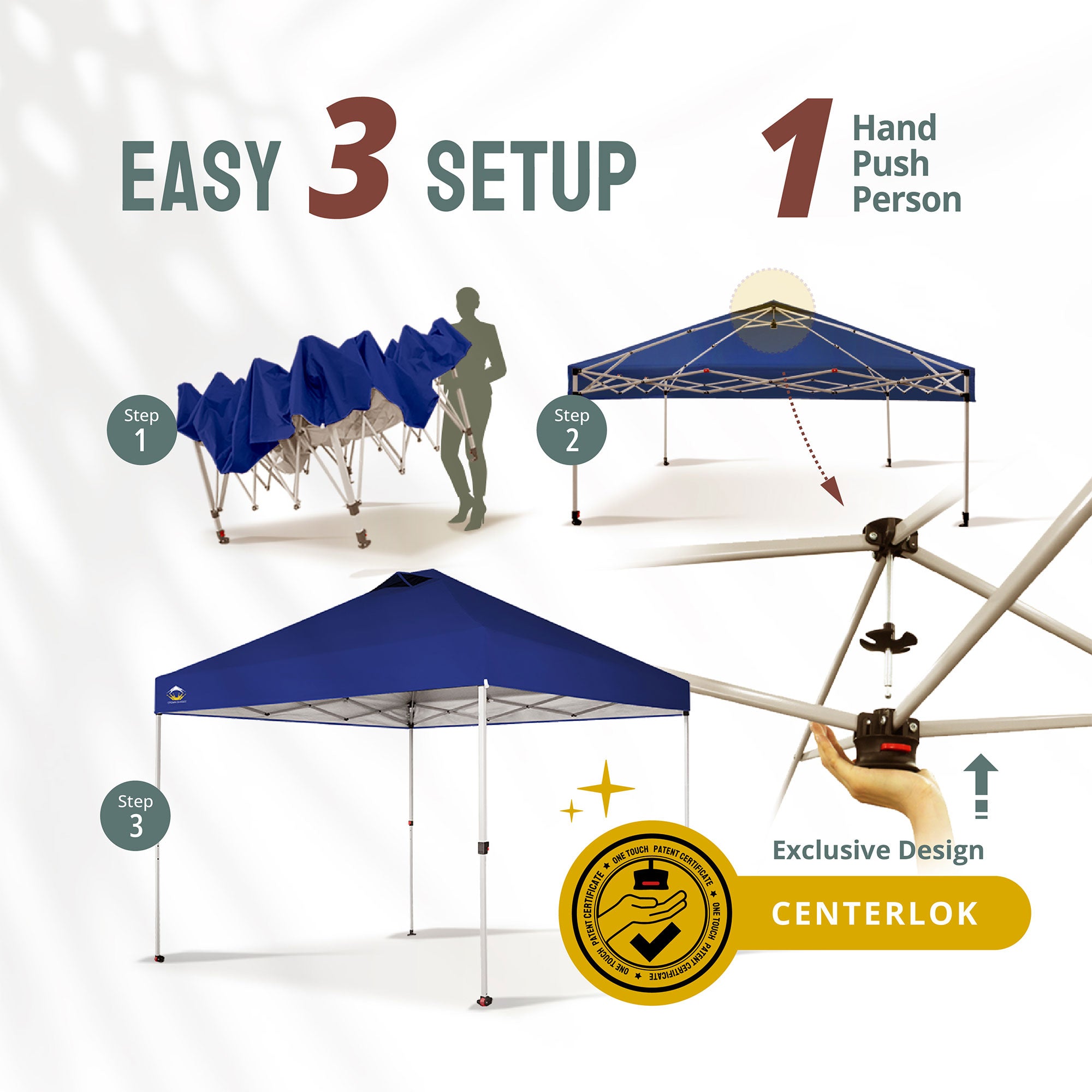 CROWN SHADES 10x10 Ft Pop Up Outdoor Canopy Tent, 1 Push Center Lock, Navy Blue