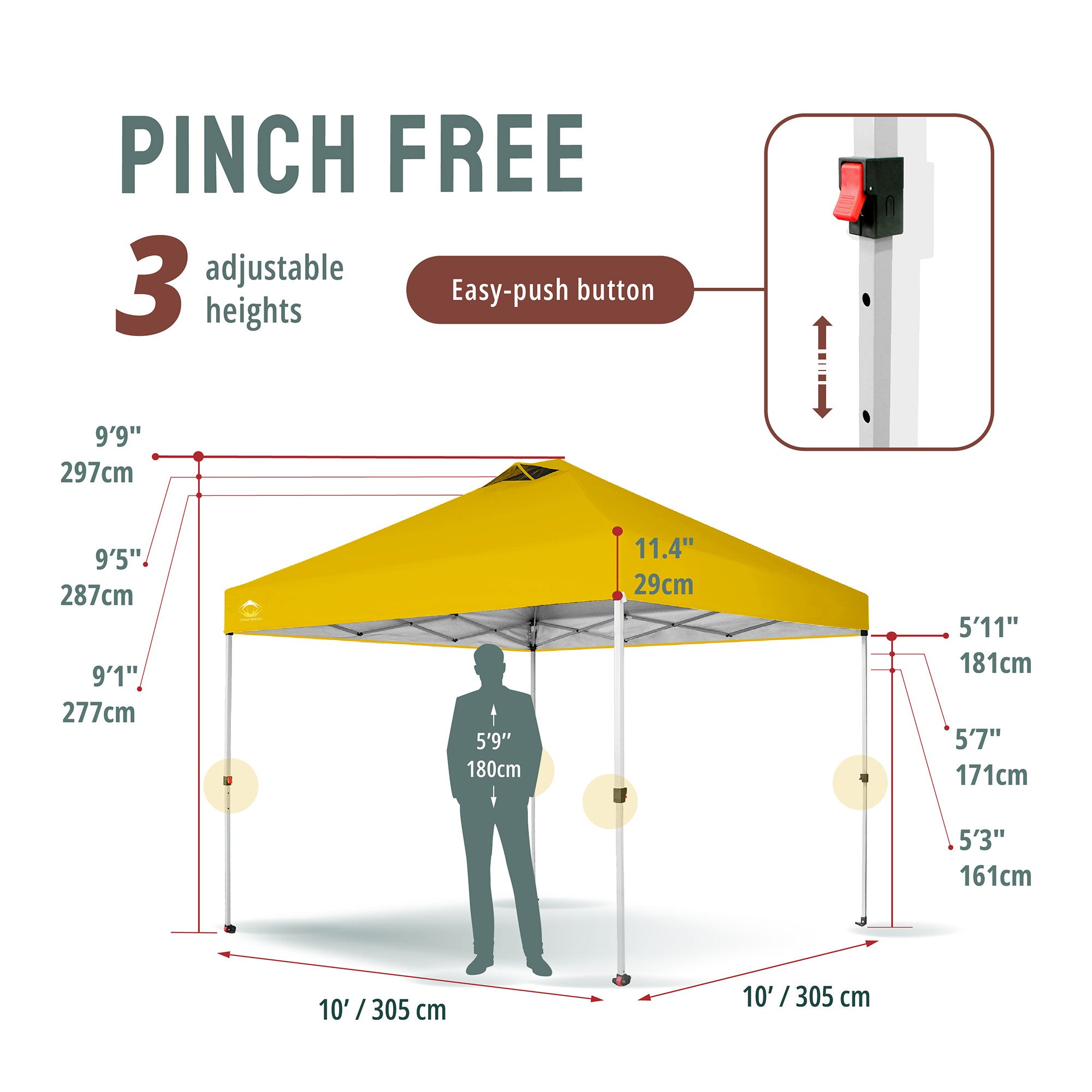 CROWN SHADES 10x10 Ft Pop Up Outdoor Canopy Tent with 1 Push Center Lock, Yellow - VMInnovations