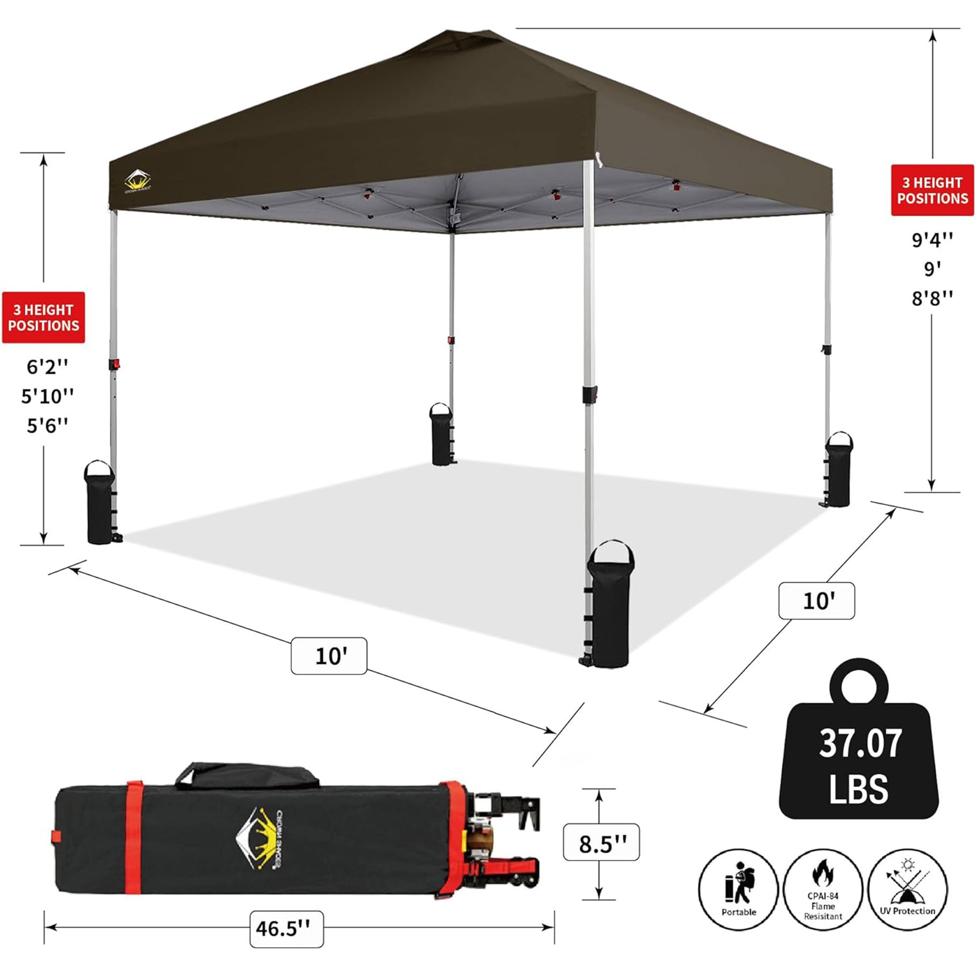 CROWN SHADES 10x10 Ft Pop Up Canopy Tent with 1 Push Center Lock, Coffee (Used) - VMInnovations