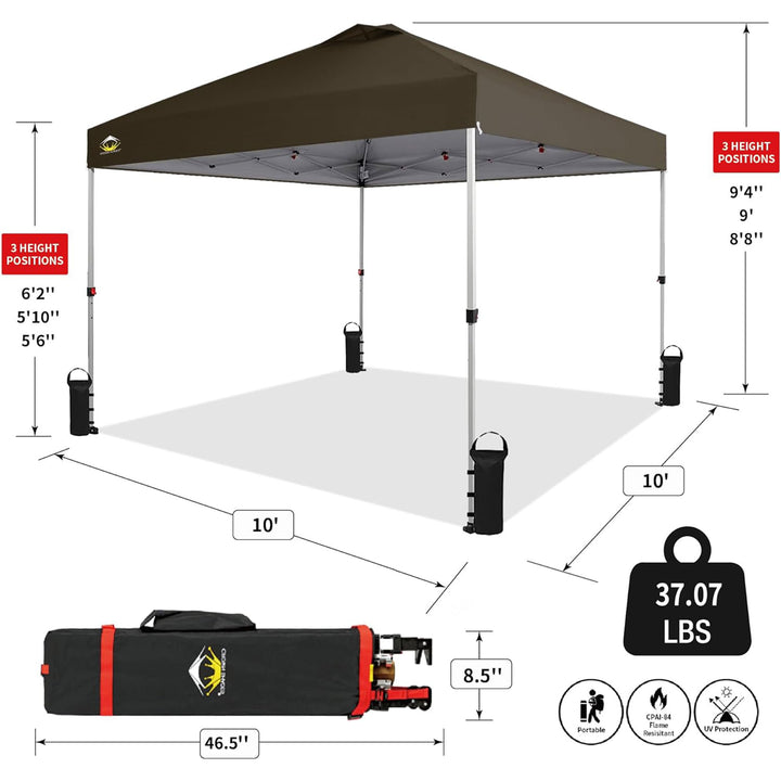 CROWN SHADES 10x10 Ft Pop Up Canopy Tent with 1 Push Center Lock, Coffee (Used)