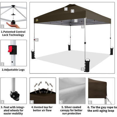 CROWN SHADES 10x10 Ft Pop Up Canopy Tent with 1 Push Center Lock, Coffee (Used)