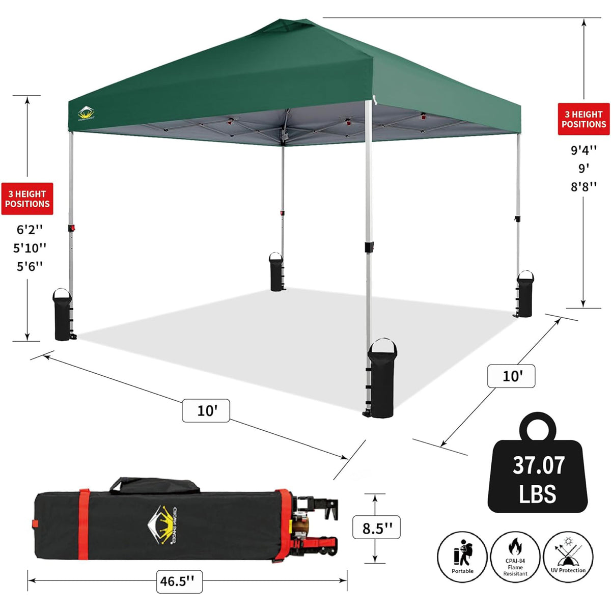 CROWN SHADES 10x10 Ft Pop Up Outdoor Canopy Tent, Push Center Lock, Forest Green
